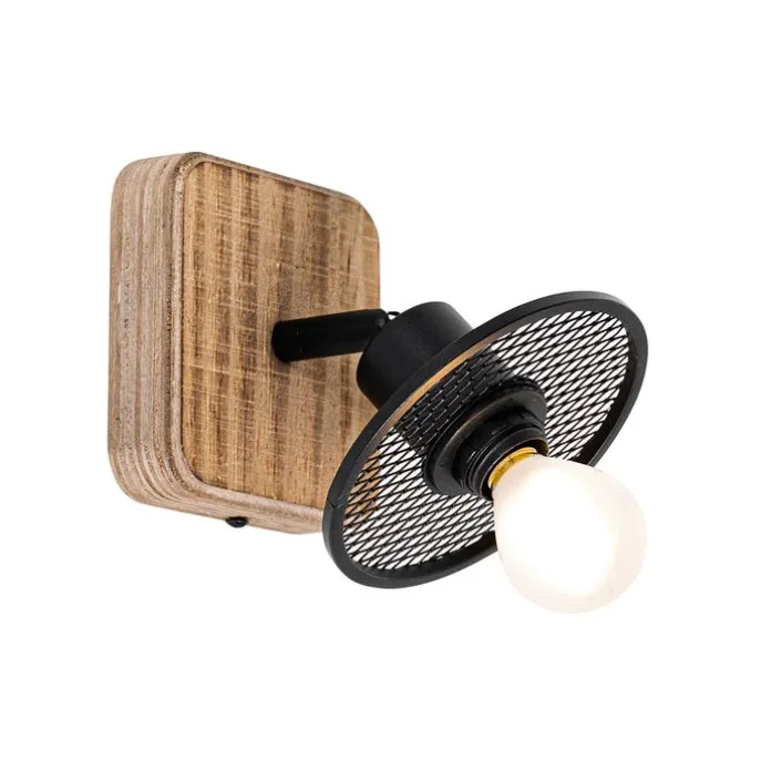 Industrieller Deckenstrahler schwarz mit Holz - Jasmijn