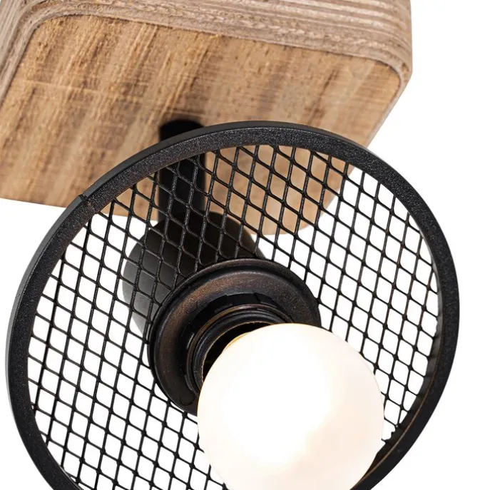 Industrieller Deckenstrahler schwarz mit Holz - Jasmijn