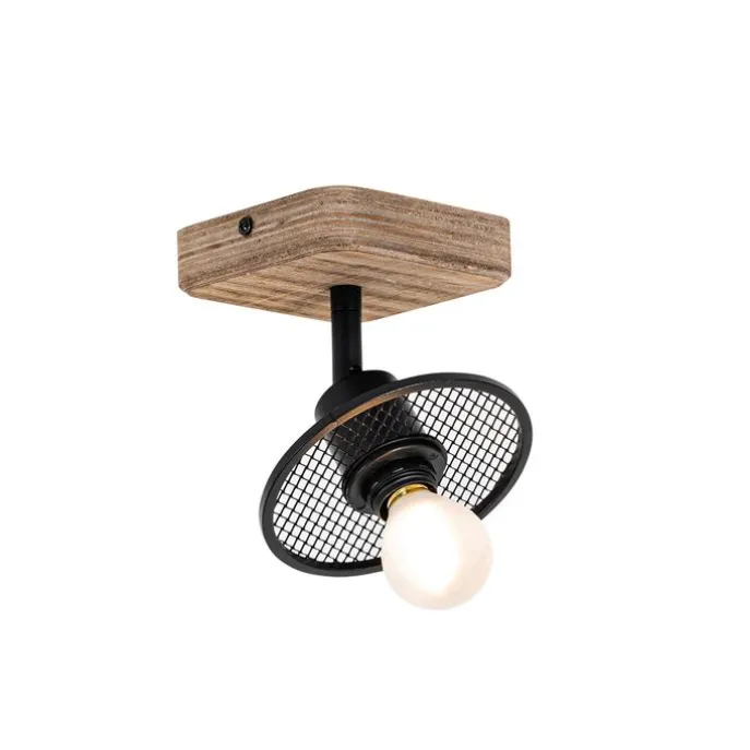 Industrieller Deckenstrahler schwarz mit Holz - Jasmijn