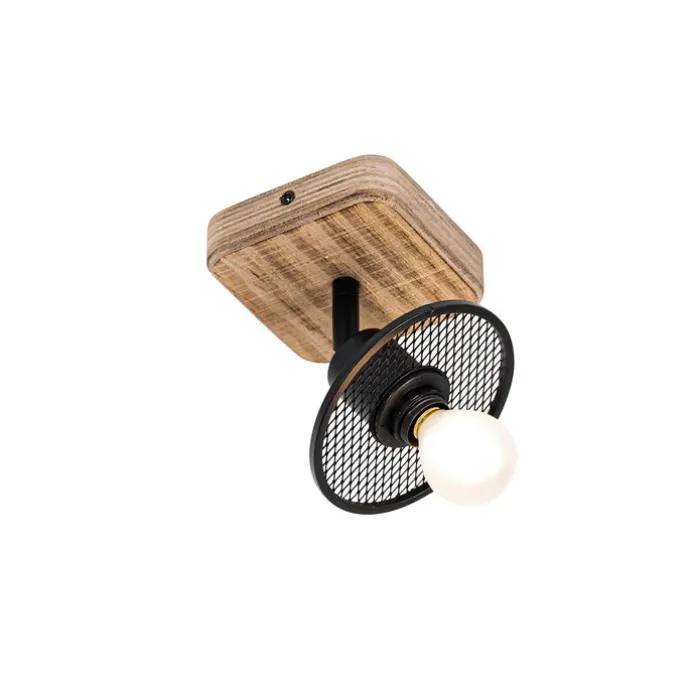 Industrieller Deckenstrahler schwarz mit Holz - Jasmijn