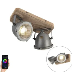 Industrieller Smart Spot grau mit Holz inkl. 2 WiFi GU10 - Emado
