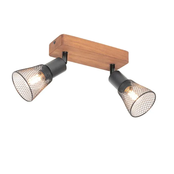 Industrie-Spot schwarz mit Holz 2-flammig - Kristina