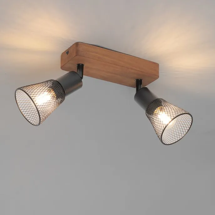 Industrie-Spot schwarz mit Holz 2-flammig - Kristina