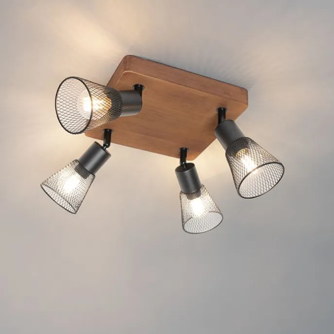 Industrie-Spot schwarz mit Holz 4-flammig - Kristina