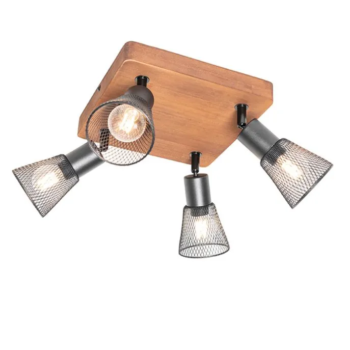 Industrie-Spot schwarz mit Holz 4-flammig - Kristina
