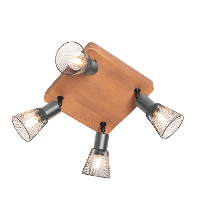 Industrie-Spot schwarz mit Holz 4-flammig - Kristina