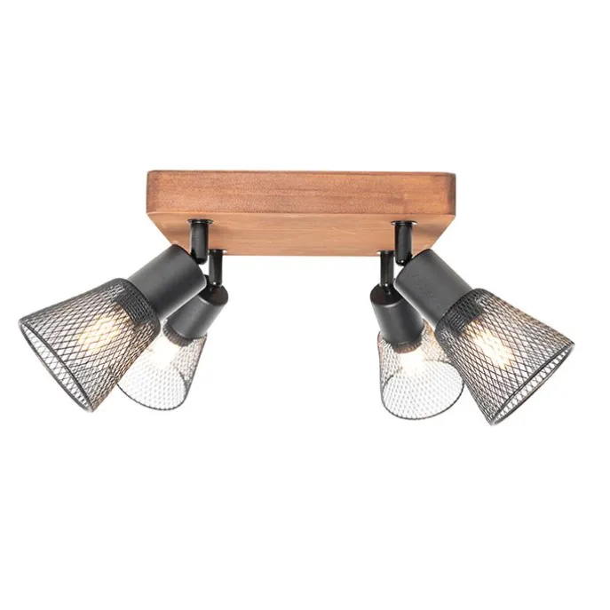 Industrie-Spot schwarz mit Holz 4-flammig - Kristina