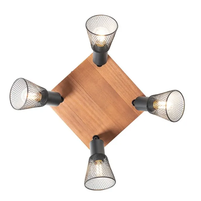 Industrie-Spot schwarz mit Holz 4-flammig - Kristina