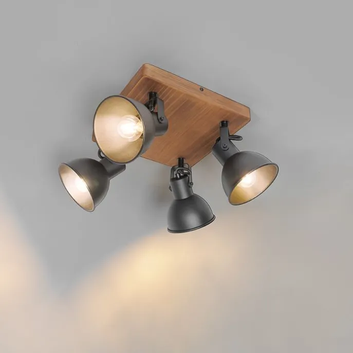 Industrie-Spot schwarz mit Holz neigbar 4-flammig - Tommy