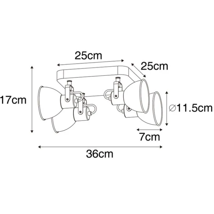 Industrie-Spot schwarz mit Holz neigbar 4-flammig - Tommy