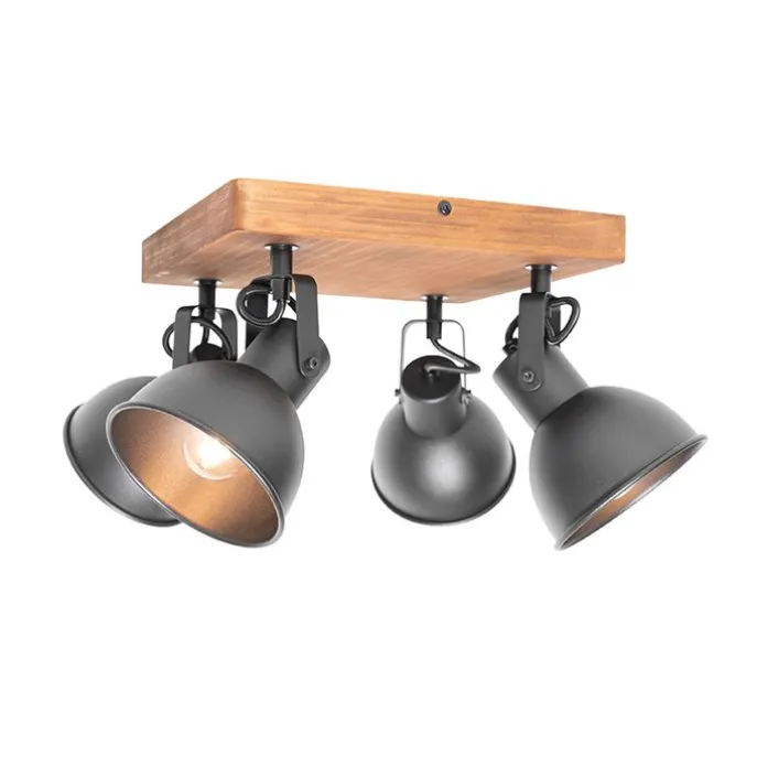 Industrie-Spot schwarz mit Holz neigbar 4-flammig - Tommy