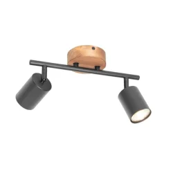 Industrie-Spot schwarz mit Holz schwenkbar 2 Lichter - Jeana