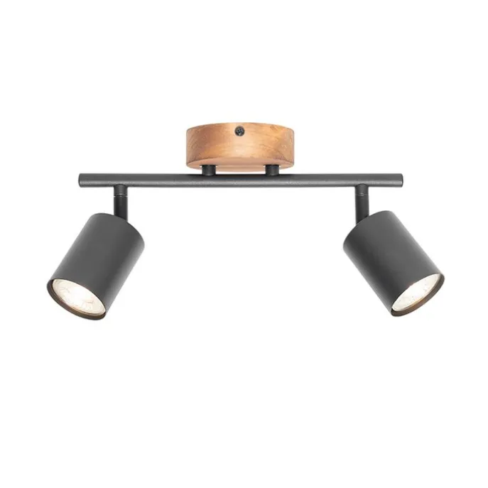 Industrie-Spot schwarz mit Holz schwenkbar 2 Lichter - Jeana