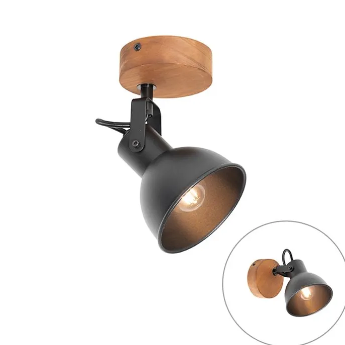 Industrie-Spot schwarz mit Holz neigbar - Tommy