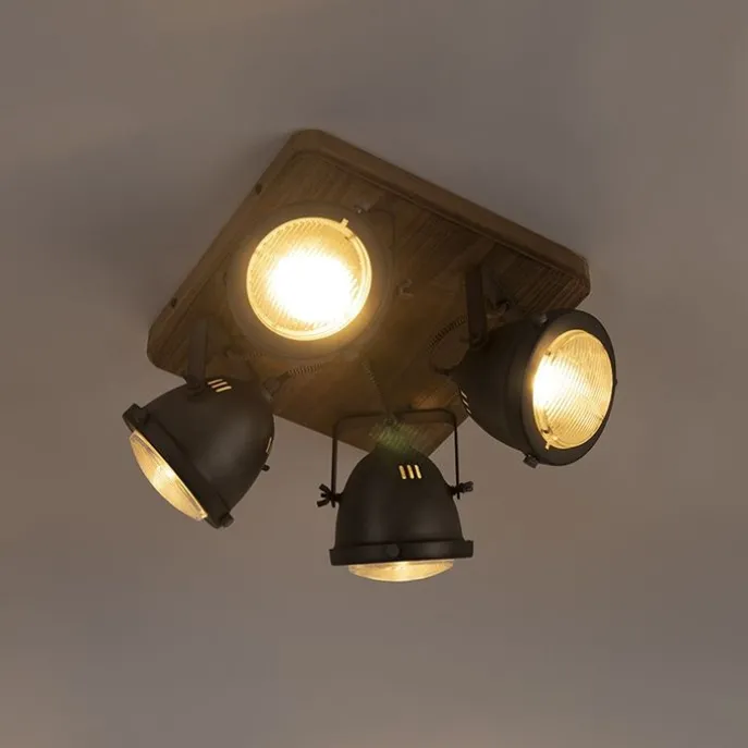Industriespot Stahl mit Holz kippbar 4-Licht - Emado