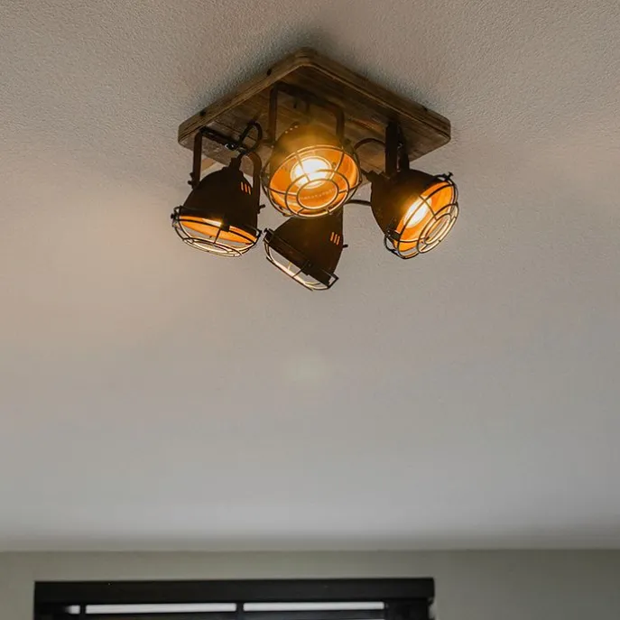 Industriestrahler rostbraun mit Holz kippbar 4-Licht - Gina