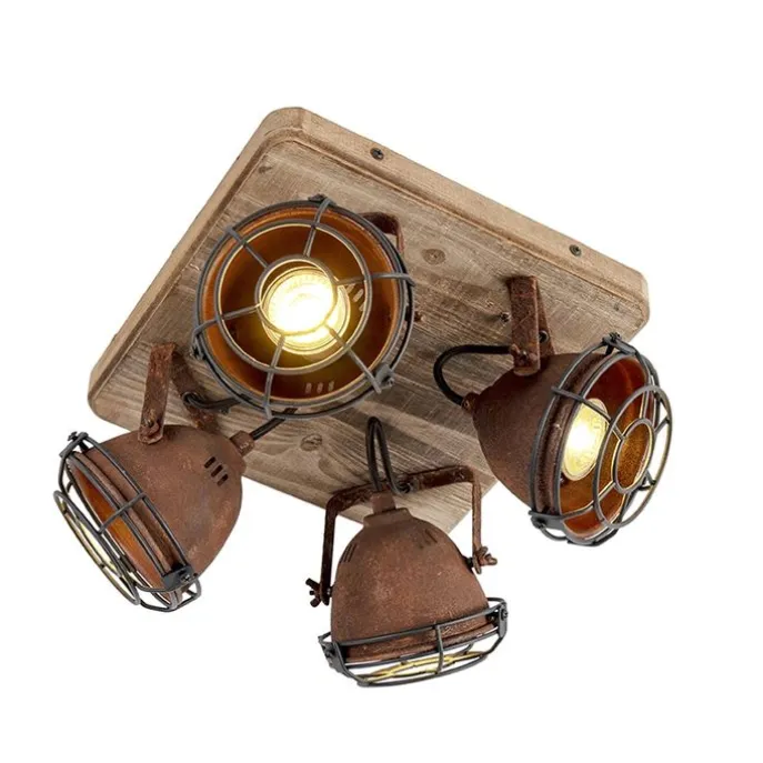 Industriestrahler rostbraun mit Holz kippbar 4-Licht - Gina