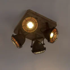 Industriestrahler rostbraun mit Holz kippbar 4-Licht - Gina