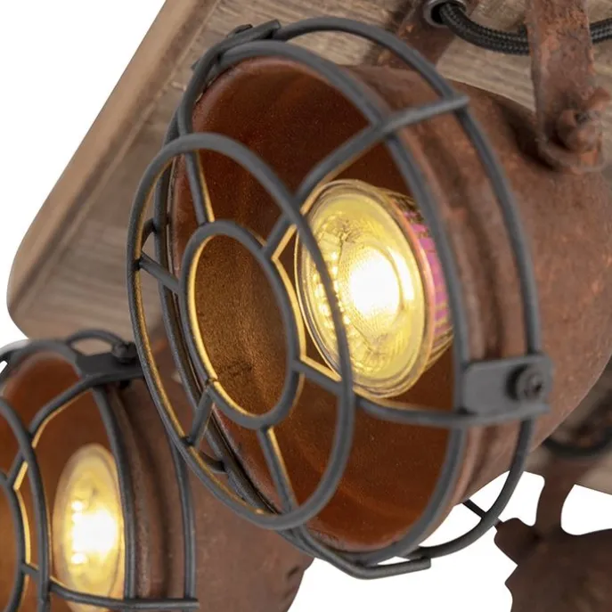 Industriestrahler rostbraun mit Holz kippbar 4-Licht - Gina