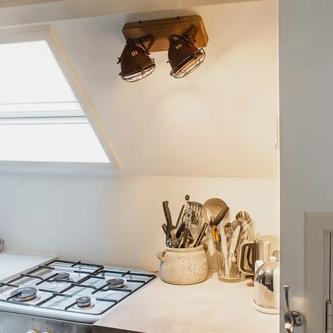 Industriestrahler rostbraun mit Holz kippbar 2-Licht - Gina