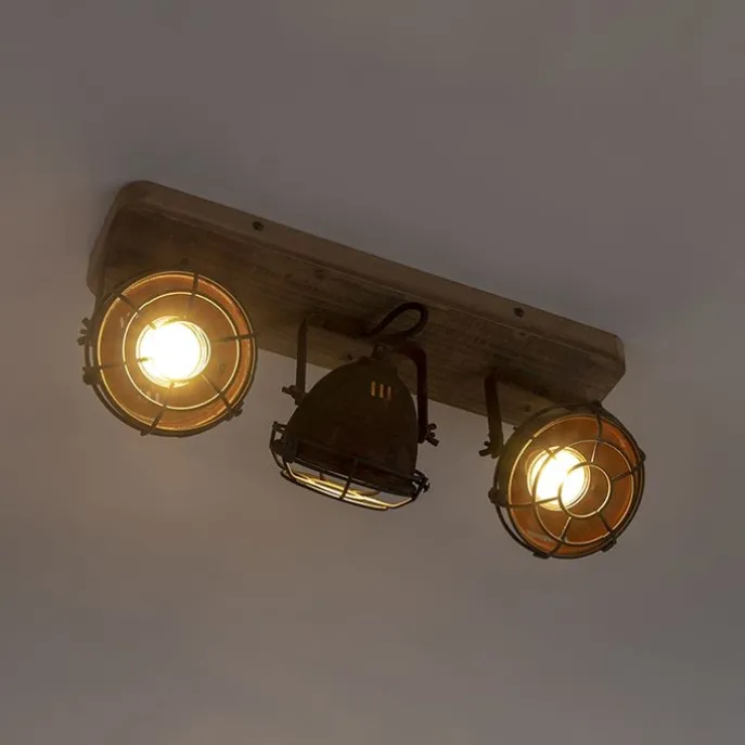 Industriestrahler rostbraun mit Holz kippbar 3-Licht - Gina