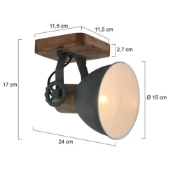 Industriële plafondspot hout met grijs draai- en kantelbaar - Gearwood