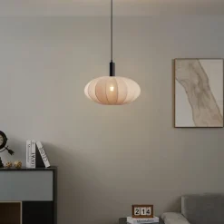 Japandi Hängelampe Schwarz mit braunem Stoffschirm - Bida