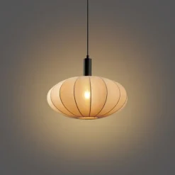 Japandi Hängelampe Schwarz mit braunem Stoffschirm - Bida