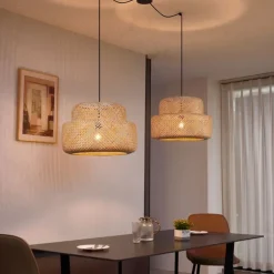 Japandi-Pendelleuchte Schwarz mit Bambus 2-flammig - Kea