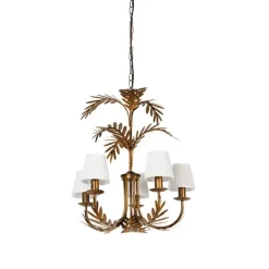 Kronleuchter Gold mit plissierter Clamp Cap Creme 5-Licht - Botanica