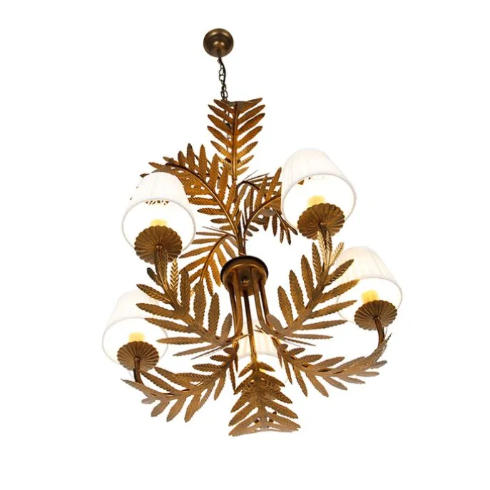 Kronleuchter Gold mit plissierter Clamp Cap Creme 5-Licht - Botanica