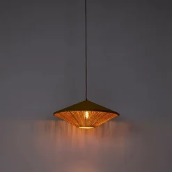 Landhaus-Pendelleuchte Gelb Samt mit Rattan 60cm - Frills Can