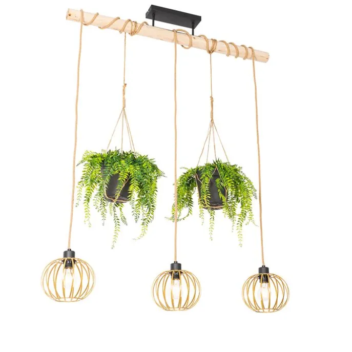 Ländliche Hängelampe Gold mit Holz 3 Lichter - Yura