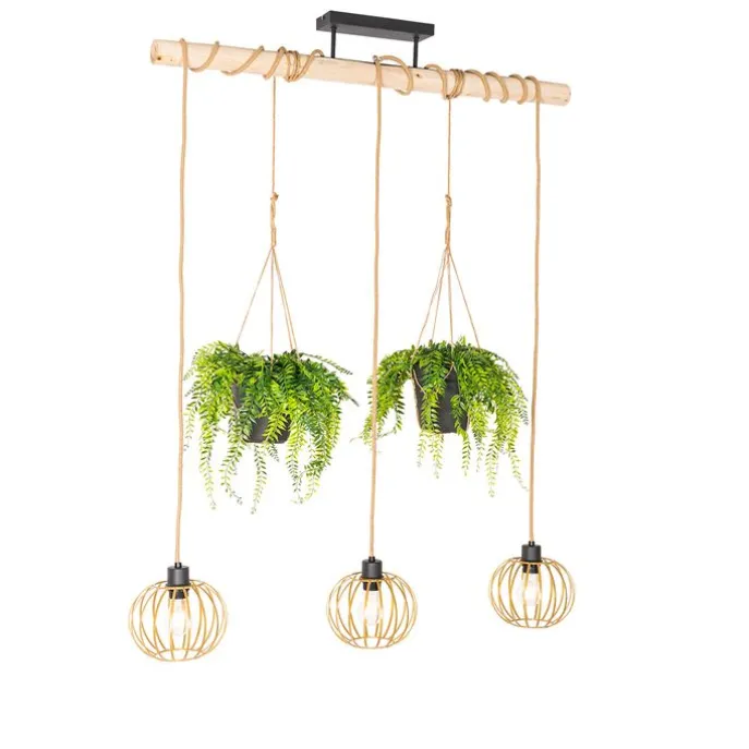 Ländliche Hängelampe Gold mit Holz 3 Lichter - Yura