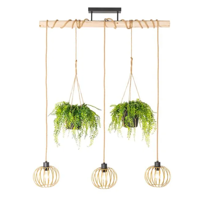 Ländliche Hängelampe Gold mit Holz 3 Lichter - Yura