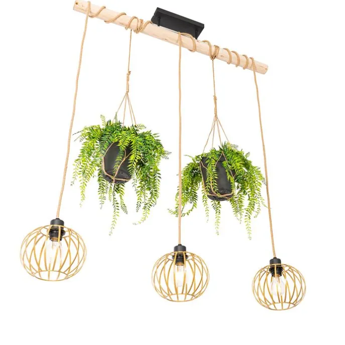 Ländliche Hängelampe Gold mit Holz 3 Lichter - Yura