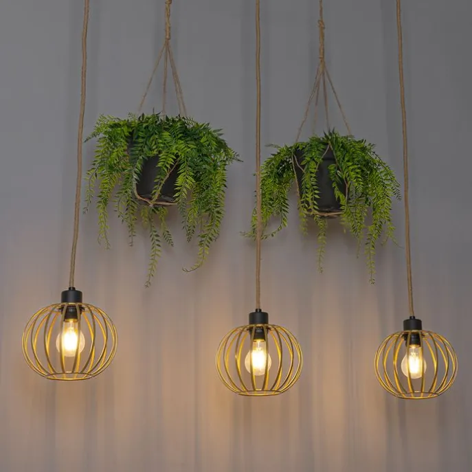 Ländliche Hängelampe Gold mit Holz 3 Lichter - Yura