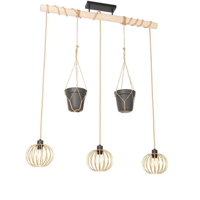Ländliche Hängelampe Gold mit Holz 3 Lichter - Yura