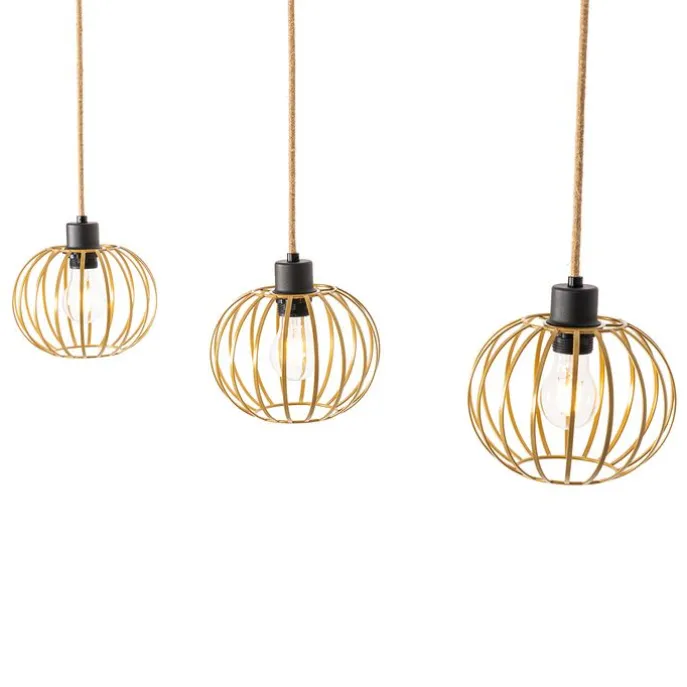 Ländliche Hängelampe Gold mit Holz 3 Lichter - Yura