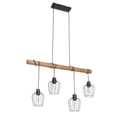 Ländliche Hängelampe schwarz mit Holz 4-flammig - Stronk