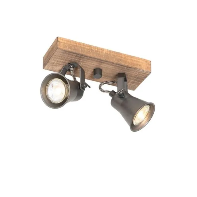 Ländlicher Strahler schwarz mit Holz 2-flammig verstellbar - Jelle