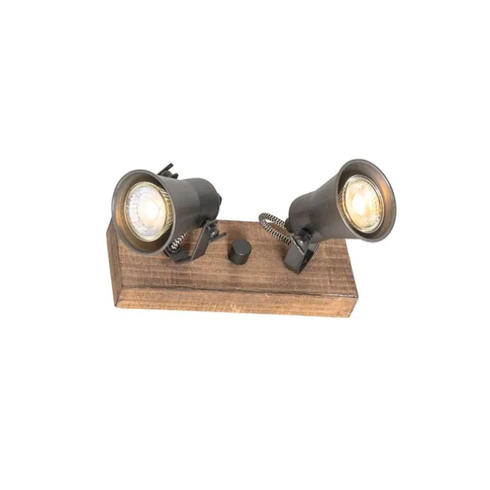 Ländlicher Strahler schwarz mit Holz 2-flammig verstellbar - Jelle