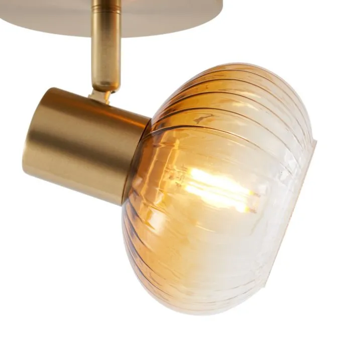 Moderne Deckenleuchte Gold mit rundem Bernsteinglas - Teddy