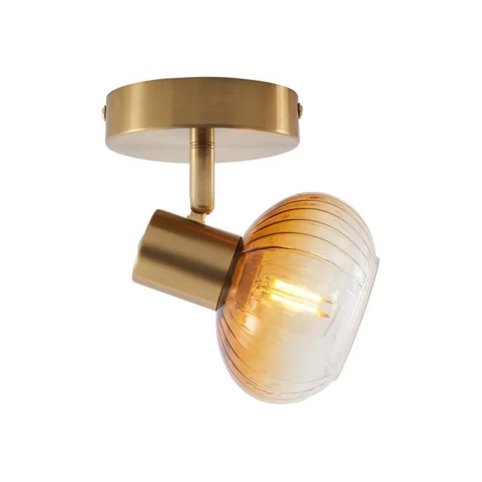 Moderne Deckenleuchte Gold mit rundem Bernsteinglas - Teddy