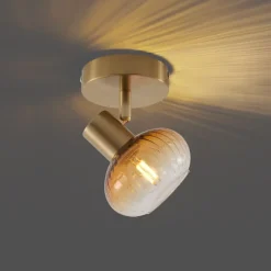 Moderne Deckenleuchte Gold mit rundem Bernsteinglas - Teddy