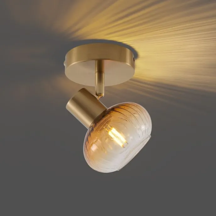 Moderne Deckenleuchte Gold mit rundem Bernsteinglas - Teddy