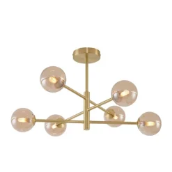 Moderne Deckenleuchte Messing mit bernsteinfarbenem Glas 6-flammig - Ryan