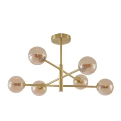 Moderne Deckenleuchte Messing mit bernsteinfarbenem Glas 6-flammig - Ryan