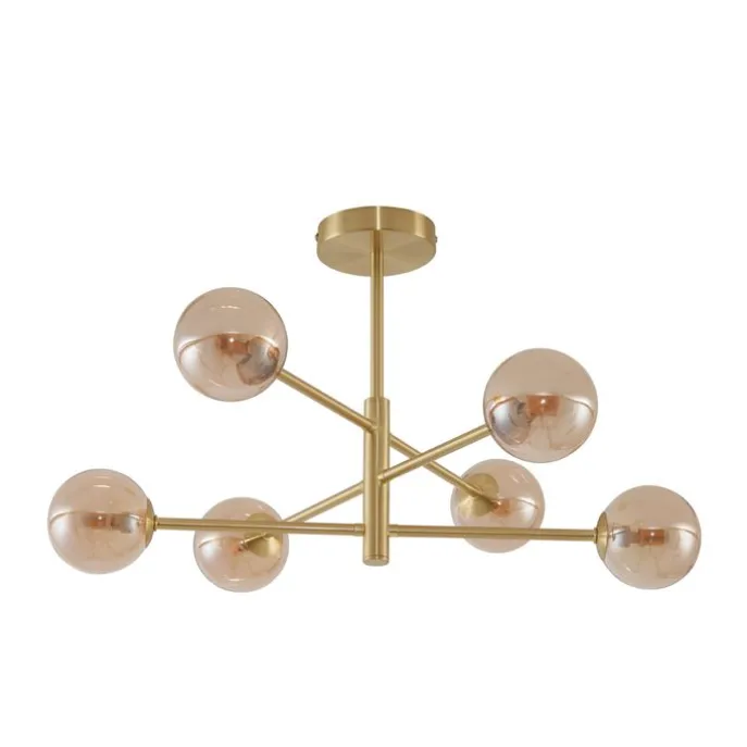 Moderne Deckenleuchte Messing mit bernsteinfarbenem Glas 6-flammig - Ryan
