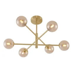 Moderne Deckenleuchte Messing mit bernsteinfarbenem Glas 6-flammig - Ryan